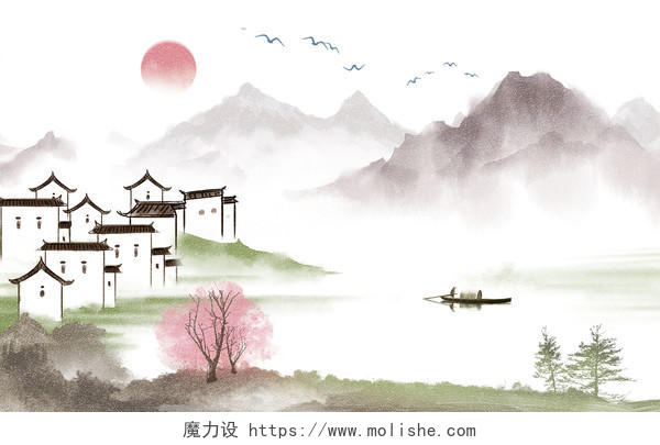 古风建筑水墨新中式复古山水江南水乡手绘卡通插画海报